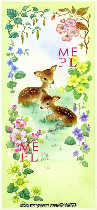 : Two fawns with spring flowers : Two fawns with spring flowers