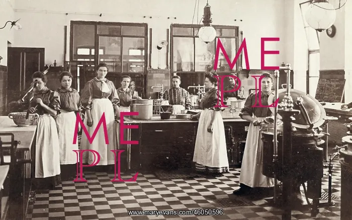 : Eight femal cooks in a canteen kitchen : Eight femal cooks in a canteen kitchen