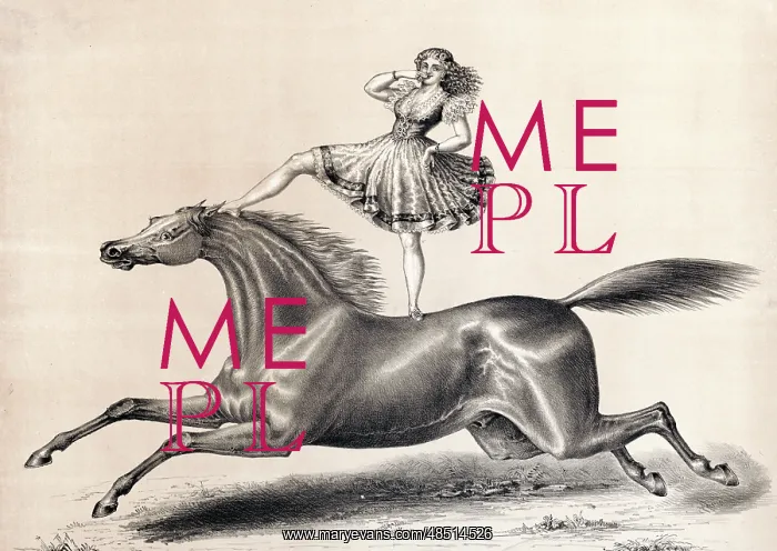 : Female circus performer standing, riding on bareback horse : Female circus performer standing, riding on bareback horse