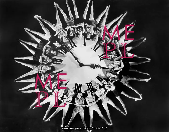 : Female dancers circling huge clock : Female dancers circling huge clock