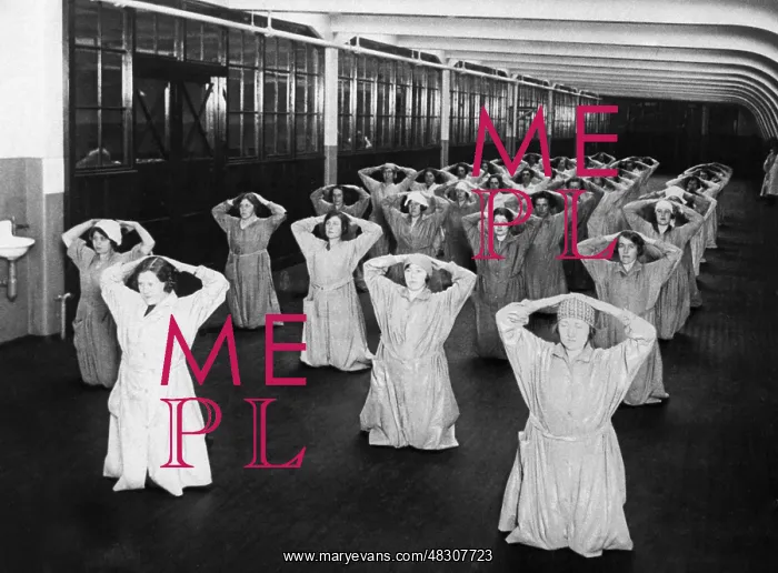 : Female factory workers doing gymnastic exercises, 1925 : Female factory workers doing gymnastic exercises, 1925