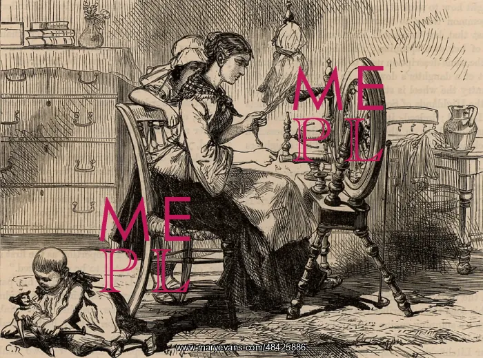 : Female homeworker using a treadle spinning wheel : Female homeworker using a treadle spinning wheel