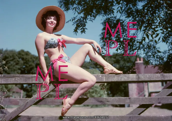 : Female model in a bikini, sitting on a gate : Female model in a bikini, sitting on a gate