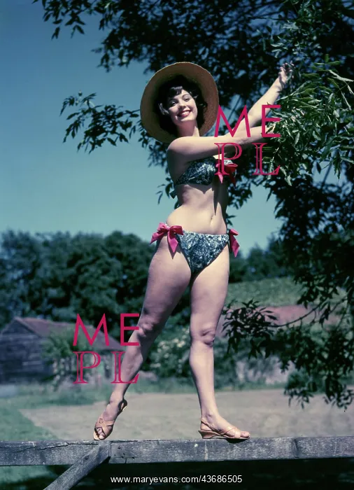 : Female model in a bikini, standing on a gate : Female model in a bikini, standing on a gate