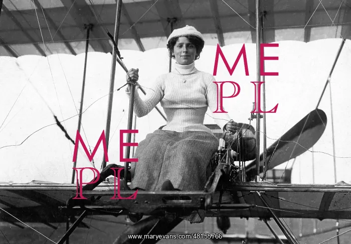 : Female pilot in her biplane, 1910 : Female pilot in her biplane, 1910