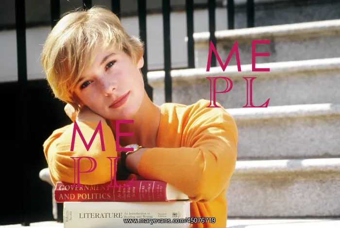 : Female Student on Steps with Books Leaning on Textbooks : Female Student on Steps with Books Leaning on Textbooks
