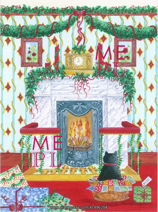: Festive Fireplace with cat sitting in basket : Festive Fireplace with cat sitting in basket