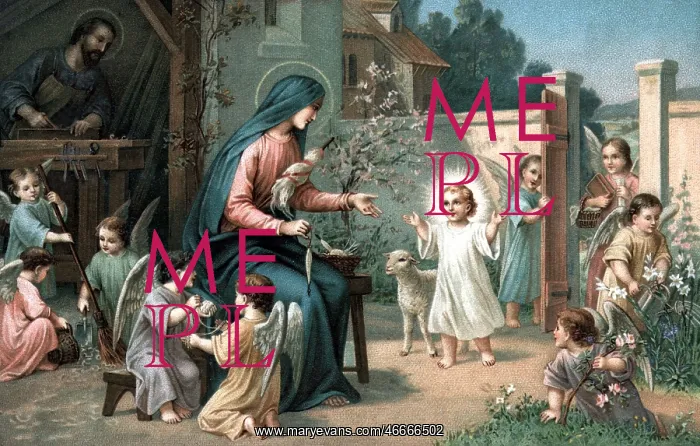  : festivity, Easter, Holy Family and angels, postcard