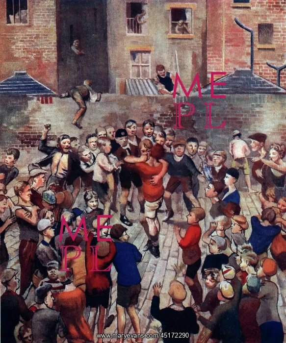 : The Fight. Painting showing a hectic fight scene between two large school boys : The Fight. Painting showing a hectic fight scene between two large school boys