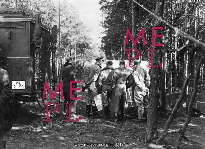 : Fighter pilots at a briefing in the forest, 1939 : Fighter pilots at a briefing in the forest, 1939