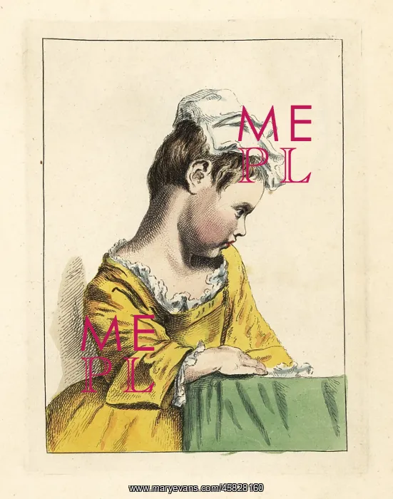 : Figure of a girl in linen cap at a table : Figure of a girl in linen cap at a table