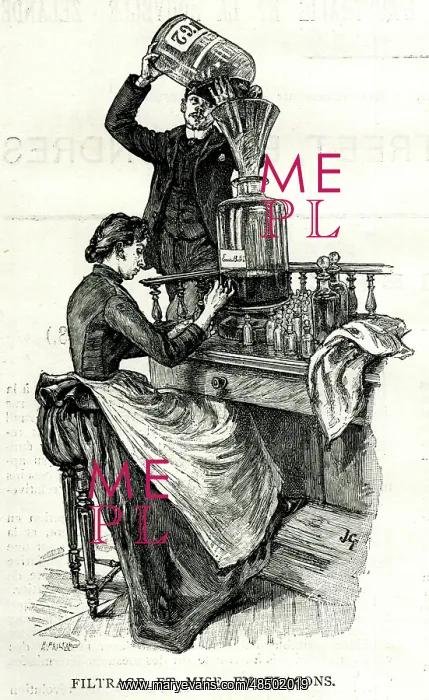 : Filtering and bottling Botot water, Paris Exhibition of 1889 : Filtering and bottling Botot water, Paris Exhibition of 1889
