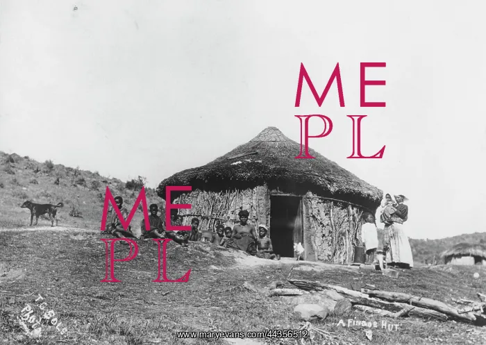 : Fingo hut. View of a group of African women and children in front of a wattle : Fingo hut. View of a group of African women and children in front of a wattle