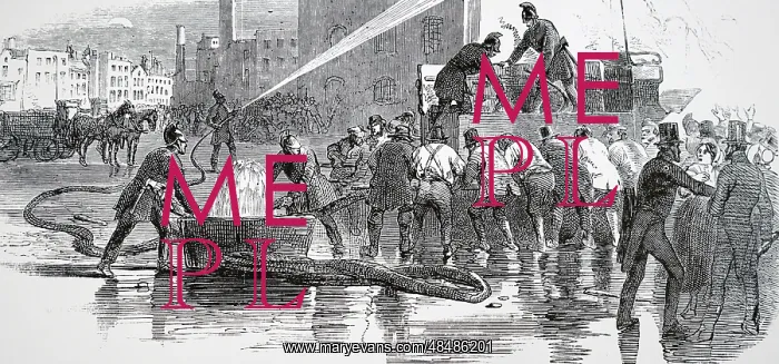 : Fire brigade in action in London, using a chest : Fire brigade in action in London, using a chest