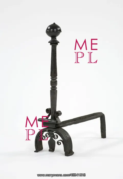 : Fire dog. One of a pair of wrought iron fire dogs with turned brass finials, arched legs : Fire dog. One of a pair of wrought iron fire dogs with turned brass finials, arched legs