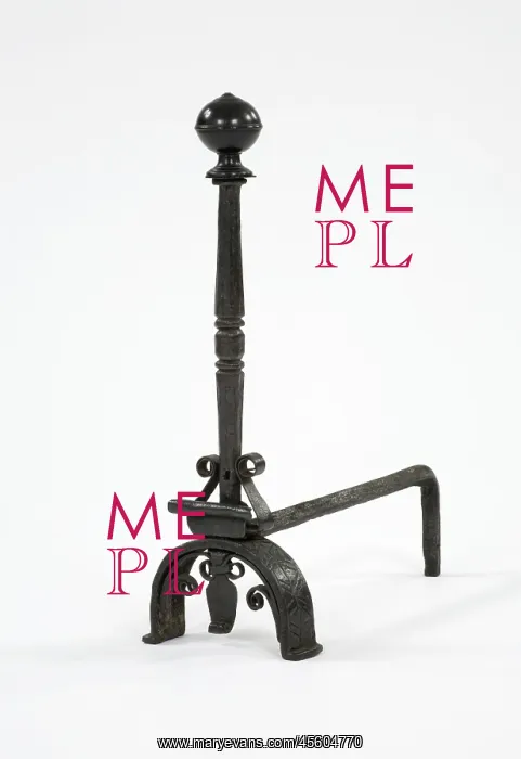 : Fire dog. One of a pair of wrought iron fire dogs with turned brass finials, arched legs : Fire dog. One of a pair of wrought iron fire dogs with turned brass finials, arched legs