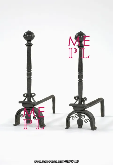 : Fire dogs. One of a pair of wrought iron fire dogs with turned brass finials, arched legs : Fire dogs. One of a pair of wrought iron fire dogs with turned brass finials, arched legs