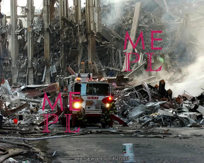 : Fire engine by the ruins of the South Tower on : Fire engine by the ruins of the South Tower on