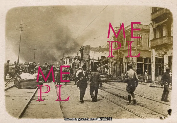 : Fire at Izmir, British Dennis Pump engine in action : Fire at Izmir, British Dennis Pump engine in action