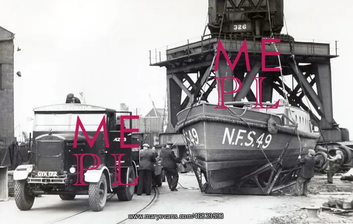 : Fireboat in a cradle waiting to be launched, WW2 : Fireboat in a cradle waiting to be launched, WW2