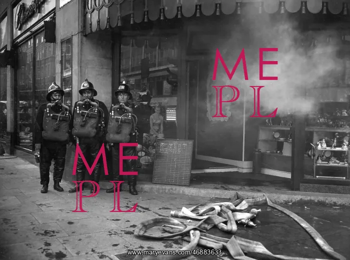 : Firefighters in breathing apparatus, Oxford Street, London : Firefighters in breathing apparatus, Oxford Street, London