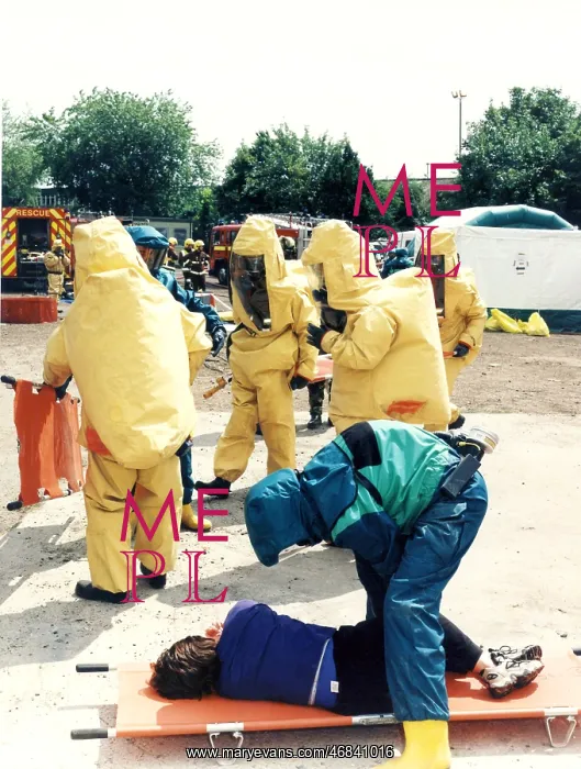 : Firefighters during a chemical incident exercise : Firefighters during a chemical incident exercise