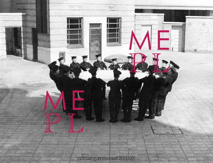 : Firefighters with jumping sheet, Lambeth HQ, London : Firefighters with jumping sheet, Lambeth HQ, London