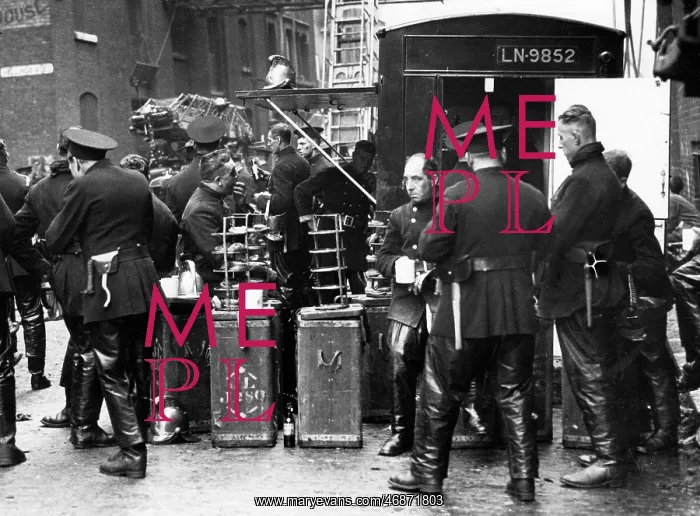 : Firefighters on refreshment break, Wapping, East London : Firefighters on refreshment break, Wapping, East London