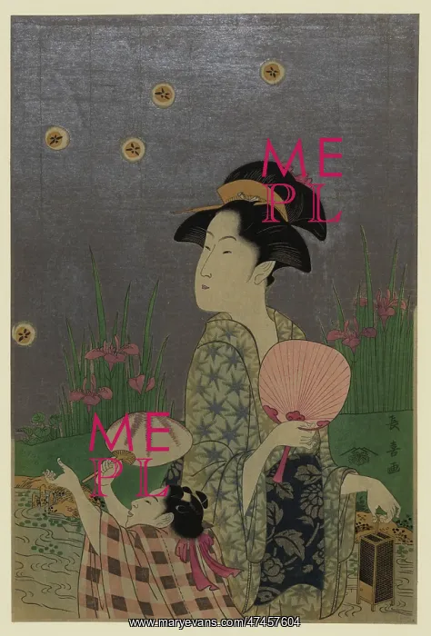 : Fireflies. Print shows a woman holding a fan and a firefly cage : Fireflies. Print shows a woman holding a fan and a firefly cage