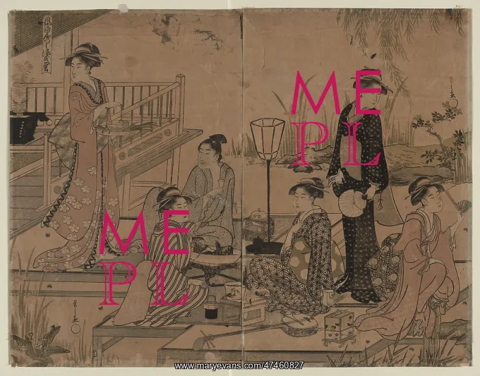 : Fireflies. Print shows five women and a man on a veranda extending above a pool, eating : Fireflies. Print shows five women and a man on a veranda extending above a pool, eating
