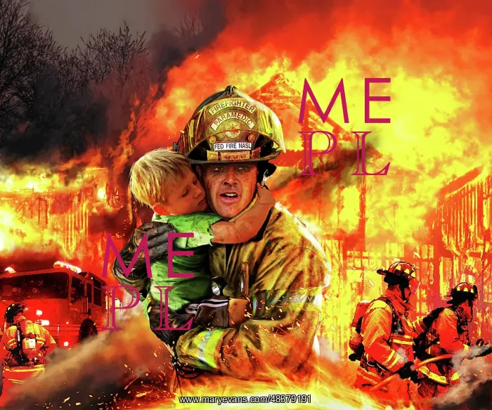 : A fireman saving a boy from a burning building : A fireman saving a boy from a burning building