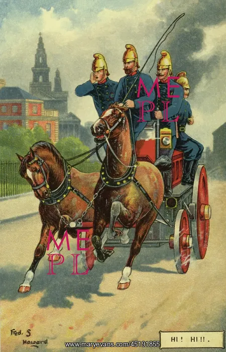  : Firemen. A horse-drawn fire engine plus crew charge down the street, 1903