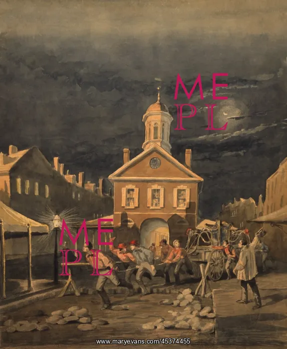 : Firemen pull a fire engine, in this watercolor : Firemen pull a fire engine, in this watercolor