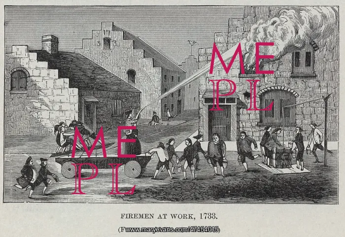: Firemen at work, 1733 (From an old Fire Certificate) : Firemen at work, 1733 (From an old Fire Certificate)
