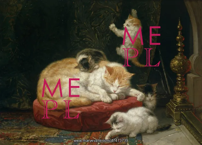 : Fireside Bliss - cat and four kittens : Fireside Bliss - cat and four kittens