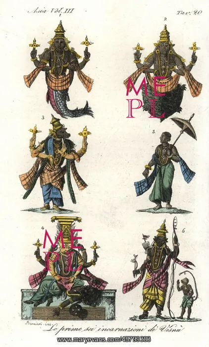 : The first six incarnations of the Hindu god Vishnu : The first six incarnations of the Hindu god Vishnu
