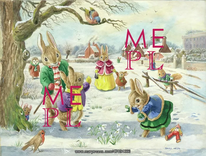 : The First Snowdrops - rabbits, robin, squirrel : The First Snowdrops - rabbits, robin, squirrel