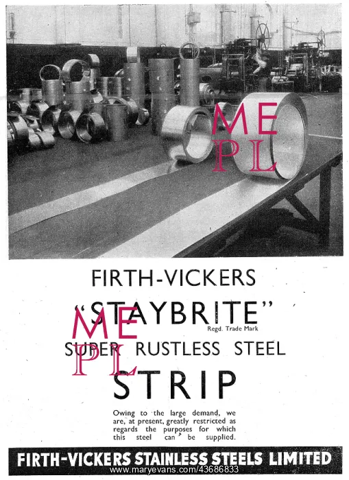 : Firth-Vickers Staybrite Stainless Steels 1943 Advert : Firth-Vickers Staybrite Stainless Steels 1943 Advert
