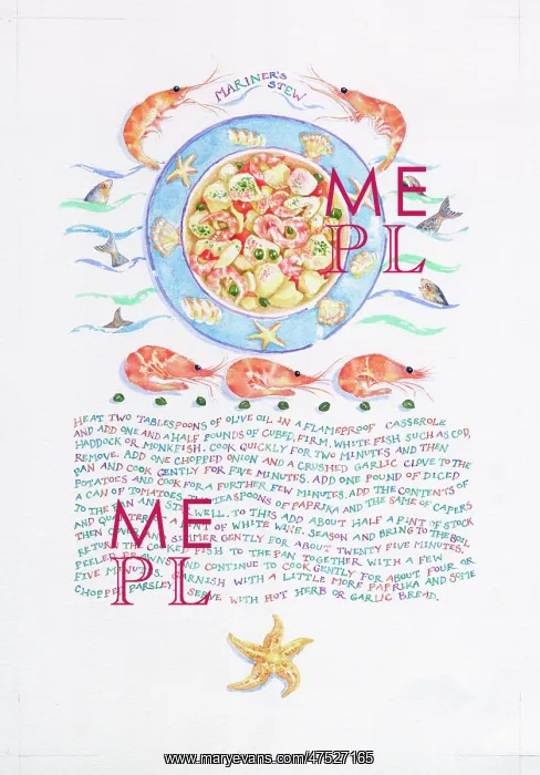 : Fish stew in a dish surrounded by fish & prawns : Fish stew in a dish surrounded by fish & prawns