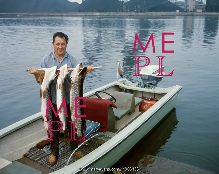 : Fisherman Standing in Small Outboard Motorboat Looking at : Fisherman Standing in Small Outboard Motorboat Looking at
