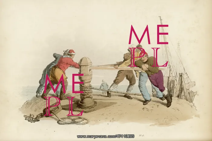 : Fishermen. FISHERMEN hauling their boat onto the beach by winding it in on a capstan : Fishermen. FISHERMEN hauling their boat onto the beach by winding it in on a capstan