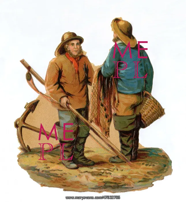  : Fishermen. Two fishermen with nets, basket, rod and anchor