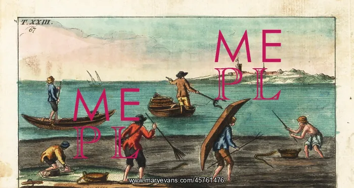 : Fishermen catching eels, Europe, 18th century : Fishermen catching eels, Europe, 18th century