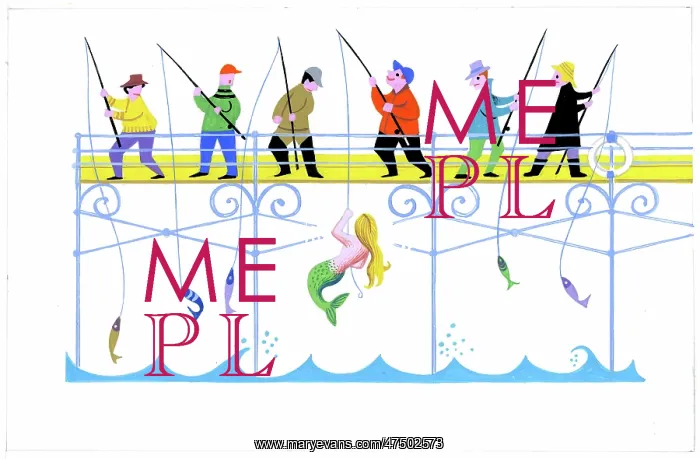 : Fishermen on pier, one is hooking a mermaid : Fishermen on pier, one is hooking a mermaid