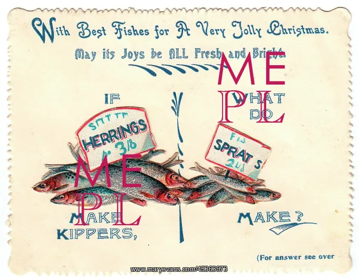 : Fishes with comic verse on a Christmas card : Fishes with comic verse on a Christmas card