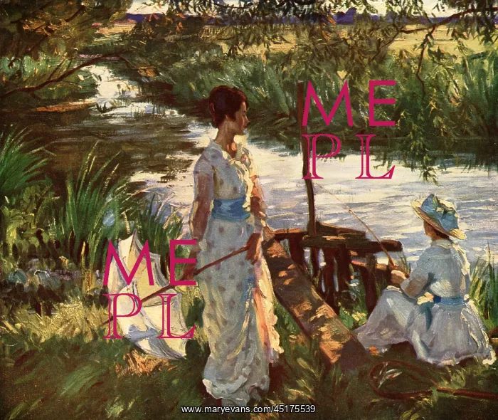 : Fishing. A painting depicting a mother, wearing a pink spotted white dress : Fishing. A painting depicting a mother, wearing a pink spotted white dress
