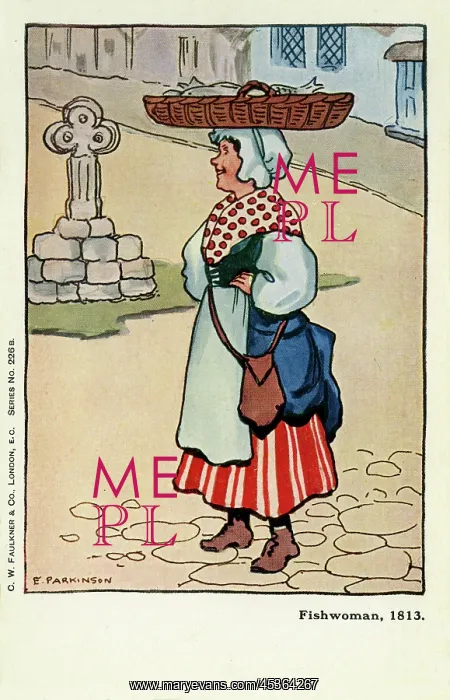 : Fishwoman. A fishwoman of 1813 carrying a basket of fish on her head : Fishwoman. A fishwoman of 1813 carrying a basket of fish on her head