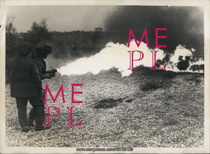 : Flame thrower demonstrated, Small Arms School, Hythe : Flame thrower demonstrated, Small Arms School, Hythe