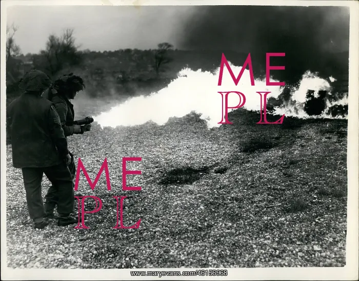 : Flame thrower demonstrated, Small Arms School, Hythe : Flame thrower demonstrated, Small Arms School, Hythe