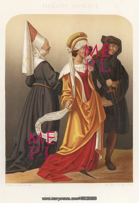 : Three Flemish costumes, 15th century : Three Flemish costumes, 15th century